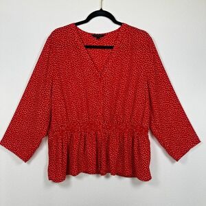 Banana Republic Peplum Top Blouse Shirt Long Sleeve Smock Waist Red Polka Dot XL